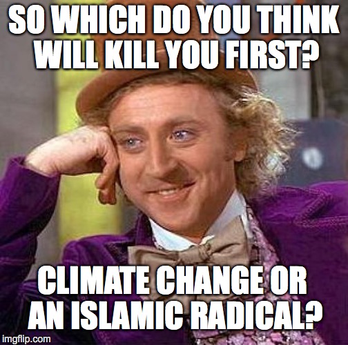 Creepy Condescending Wonka | SO WHICH DO YOU THINK WILL KILL YOU FIRST? CLIMATE CHANGE OR AN ISLAMIC RADICAL? | image tagged in memes,creepy condescending wonka | made w/ Imgflip meme maker