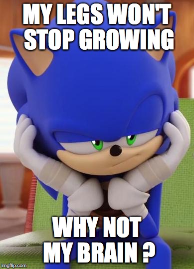 Disappointed Sonic | MY LEGS WON'T STOP GROWING; WHY NOT MY BRAIN ? | image tagged in disappointed sonic | made w/ Imgflip meme maker