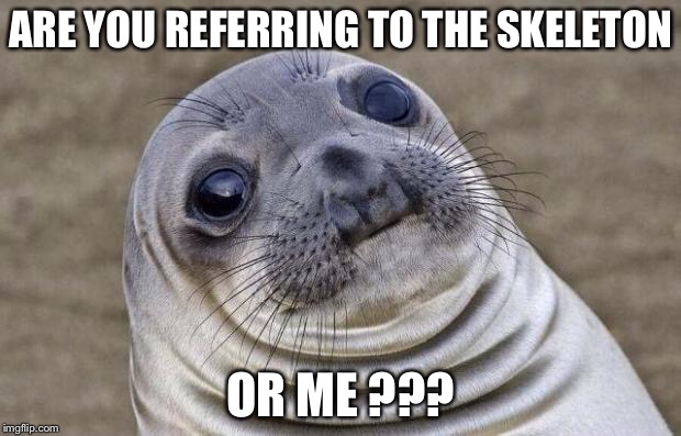 Awkward Moment Sealion Meme | ARE YOU REFERRING TO THE SKELETON OR ME ??? | image tagged in memes,awkward moment sealion | made w/ Imgflip meme maker