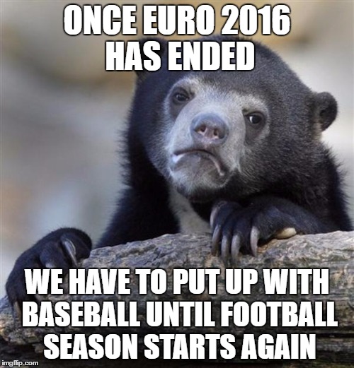Sadly Euro 2016 ends tonight | ONCE EURO 2016 HAS ENDED; WE HAVE TO PUT UP WITH BASEBALL UNTIL FOOTBALL SEASON STARTS AGAIN | image tagged in sad bear,memes | made w/ Imgflip meme maker