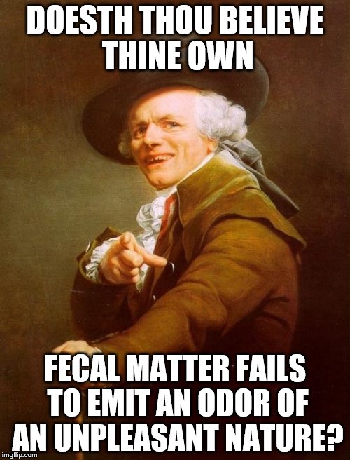 Joseph Ducreux Meme | DOESTH THOU BELIEVE THINE OWN; FECAL MATTER FAILS TO EMIT AN ODOR OF AN UNPLEASANT NATURE? | image tagged in memes,joseph ducreux | made w/ Imgflip meme maker