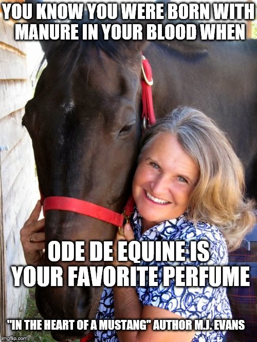 YOU KNOW YOU WERE BORN WITH MANURE IN YOUR BLOOD WHEN; ODE DE EQUINE IS YOUR FAVORITE PERFUME; "IN THE HEART OF A MUSTANG" AUTHOR M.J. EVANS | made w/ Imgflip meme maker