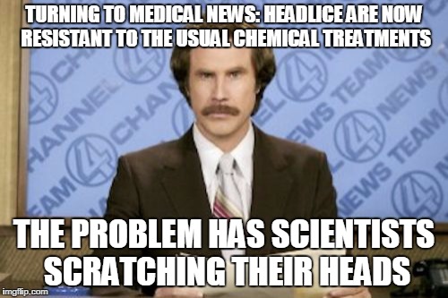 Ron Burgundy | TURNING TO MEDICAL NEWS: HEADLICE ARE NOW RESISTANT TO THE USUAL CHEMICAL TREATMENTS; THE PROBLEM HAS SCIENTISTS SCRATCHING THEIR HEADS | image tagged in memes,ron burgundy | made w/ Imgflip meme maker