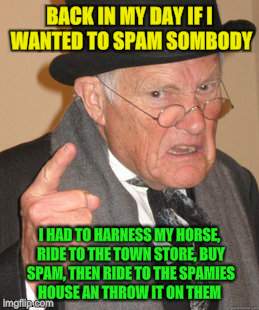 Back In My Day Meme | BACK IN MY DAY IF I WANTED TO SPAM SOMBODY I HAD TO HARNESS MY HORSE, RIDE TO THE TOWN STORE, BUY SPAM, THEN RIDE TO THE SPAMIES HOUSE AN TH | image tagged in memes,back in my day | made w/ Imgflip meme maker
