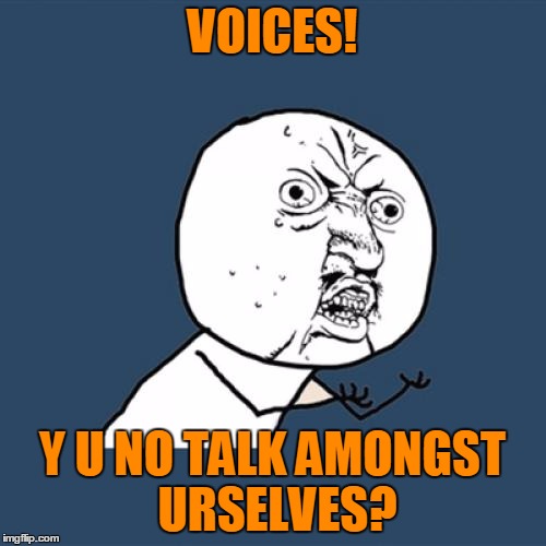 Y U No Meme | VOICES! Y U NO TALK AMONGST URSELVES? | image tagged in memes,y u no | made w/ Imgflip meme maker