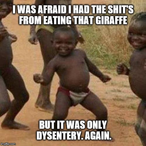 Third World Success Kid | I WAS AFRAID I HAD THE SHIT'S FROM EATING THAT GIRAFFE; BUT IT WAS ONLY DYSENTERY. AGAIN. | image tagged in memes,third world success kid | made w/ Imgflip meme maker