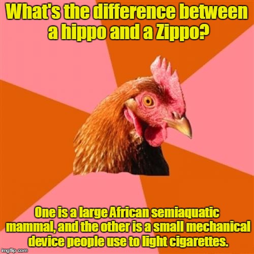 So many political memes! Here's something "a little lighter." | What's the difference between a hippo and a Zippo? One is a large African semiaquatic mammal, and the other is a small mechanical device people use to light cigarettes. | image tagged in memes,anti joke chicken,africa,hippo,zippo,one is really heavy and the other is a little lighter | made w/ Imgflip meme maker