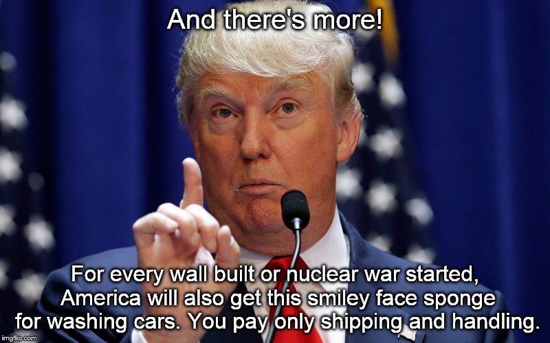 Donald Trump | And there's more! For every wall built or nuclear war started, America will also get this smiley face sponge for washing cars. You pay only shipping and handling. | image tagged in donald trump | made w/ Imgflip meme maker