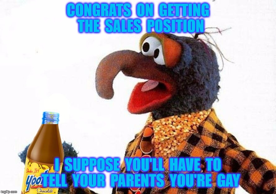That's Not How Pride Works | CONGRATS  ON  GETTING  THE  SALES  POSITION; I  SUPPOSE  YOU'LL  HAVE  TO  TELL  YOUR  PARENTS  YOU'RE  GAY | image tagged in sales,gonzo,muppets,gay,homosexual,funny memes | made w/ Imgflip meme maker