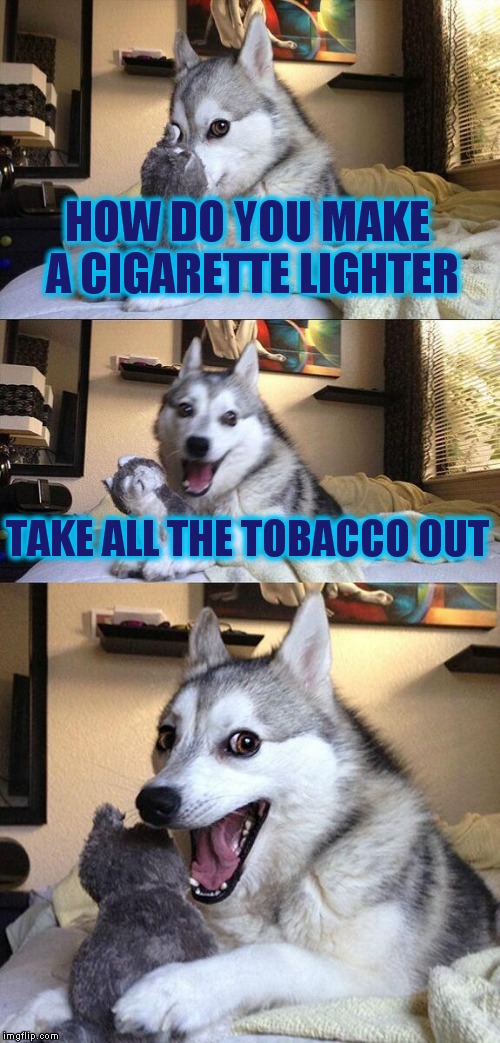 Bad Pun Dog Meme | HOW DO YOU MAKE A CIGARETTE LIGHTER TAKE ALL THE TOBACCO OUT | image tagged in memes,bad pun dog | made w/ Imgflip meme maker