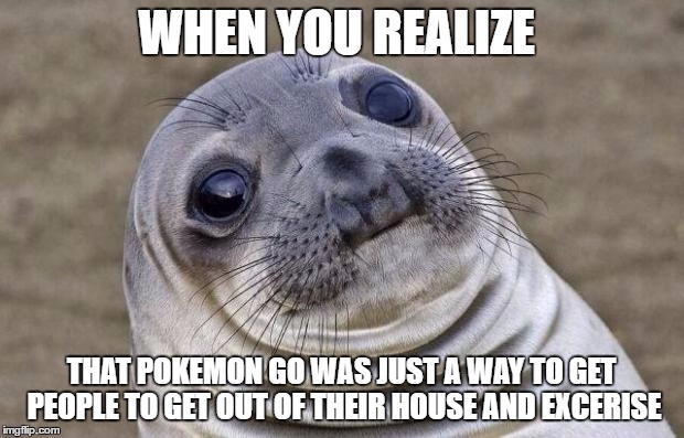 Awkward Moment Sealion | WHEN YOU REALIZE; THAT POKEMON GO WAS JUST A WAY TO GET PEOPLE TO GET OUT OF THEIR HOUSE AND EXCERISE | image tagged in memes,awkward moment sealion | made w/ Imgflip meme maker