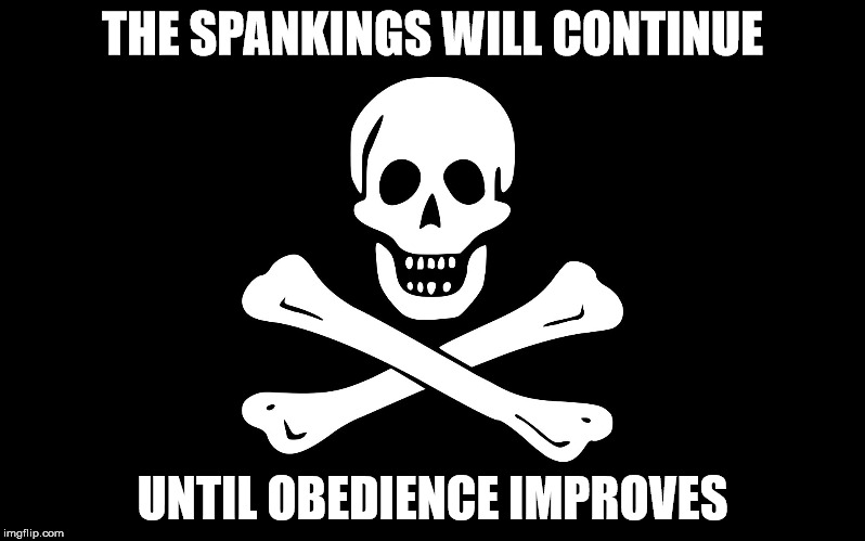 Jolly Roger | THE SPANKINGS WILL CONTINUE; UNTIL OBEDIENCE IMPROVES | image tagged in jolly roger | made w/ Imgflip meme maker