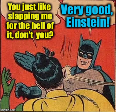 Batman Slapping Robin Meme | You just like slapping me for the hell of it, don't  you? Very good, Einstein! | image tagged in memes,batman slapping robin | made w/ Imgflip meme maker