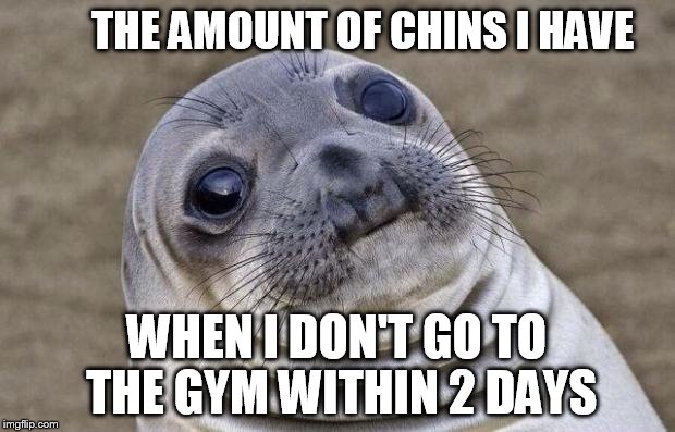 Awkward Moment Sealion Meme | THE AMOUNT OF CHINS I HAVE; WHEN I DON'T GO TO THE GYM WITHIN 2 DAYS | image tagged in memes,awkward moment sealion | made w/ Imgflip meme maker