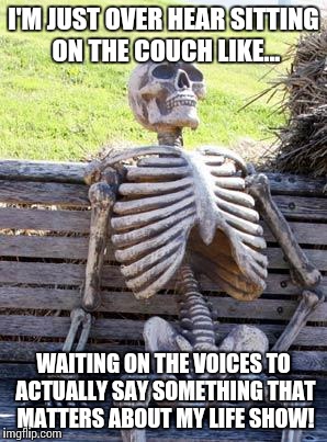 I'M JUST OVER HEAR SITTING ON THE COUCH LIKE... WAITING ON THE VOICES TO ACTUALLY SAY SOMETHING THAT MATTERS ABOUT MY LIFE SHOW! | image tagged in memes,waiting skeleton | made w/ Imgflip meme maker