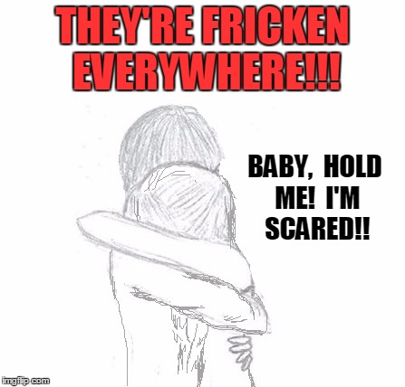 THEY'RE FRICKEN EVERYWHERE!!! BABY,  HOLD ME!  I'M SCARED!! | image tagged in hold | made w/ Imgflip meme maker