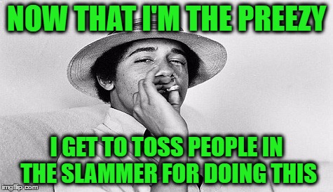 NOW THAT I'M THE PREEZY; I GET TO TOSS PEOPLE IN THE SLAMMER FOR DOING THIS | image tagged in obama,war on drugs,pot,weed,politics | made w/ Imgflip meme maker