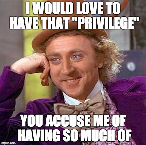 I would love that! | I WOULD LOVE TO HAVE THAT "PRIVILEGE"; YOU ACCUSE ME OF HAVING SO MUCH OF | image tagged in memes,creepy condescending wonka,privilege,lol,feminism,stuff | made w/ Imgflip meme maker