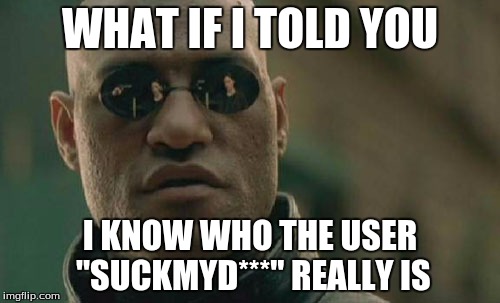 It isn't me in case you're wondering. Only me, the actual person, another user, and probably someone else knows who it is. :D | WHAT IF I TOLD YOU; I KNOW WHO THE USER "SUCKMYD***" REALLY IS | image tagged in memes,matrix morpheus | made w/ Imgflip meme maker