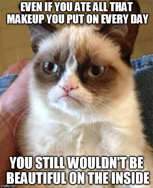 Grumpy Cat | EVEN IF YOU ATE ALL THAT MAKEUP YOU PUT ON EVERY DAY; YOU STILL WOULDN'T BE BEAUTIFUL ON THE INSIDE | image tagged in memes,grumpy cat | made w/ Imgflip meme maker