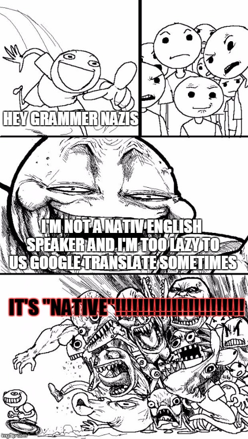 *Use/Grammar ....Looks Like My Point Was Proven. | HEY GRAMMER NAZIS; I'M NOT A NATIV ENGLISH SPEAKER AND I'M TOO LAZY TO US GOOGLE TRANSLATE SOMETIMES; IT'S "NATIVE"!!!!!!!!!!!!!!!!!!!!!!! | image tagged in memes,hey internet,grammar nazi | made w/ Imgflip meme maker