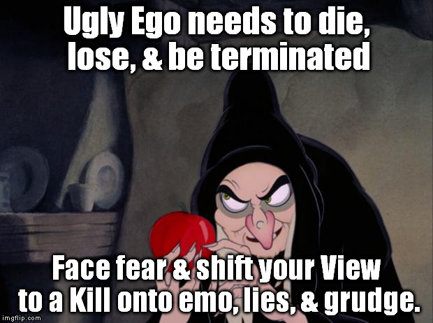 Hunt or be hunted. | Ugly Ego needs to die, lose, & be terminated; Face fear & shift your View to a Kill onto emo, lies, & grudge. | image tagged in snow white evil witch | made w/ Imgflip meme maker