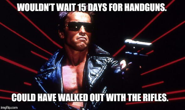Terminator | WOULDN’T WAIT 15 DAYS FOR HANDGUNS. COULD HAVE WALKED OUT WITH THE RIFLES. | image tagged in terminator | made w/ Imgflip meme maker