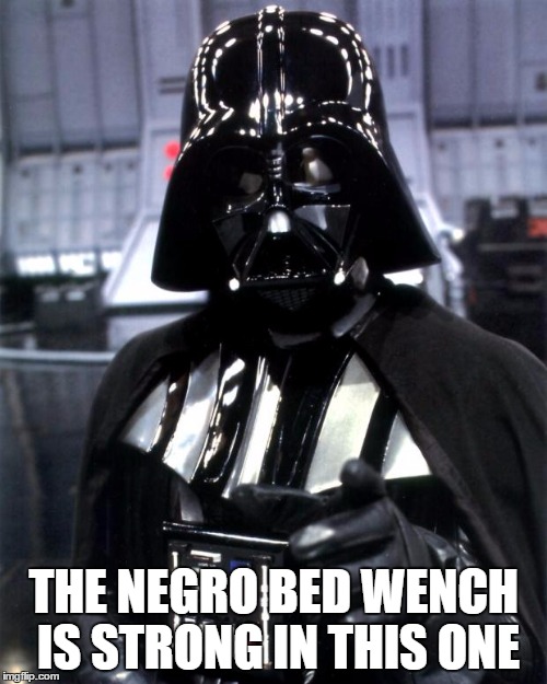 Darth Vader | THE NEGRO BED WENCH IS STRONG IN THIS ONE | image tagged in darth vader | made w/ Imgflip meme maker