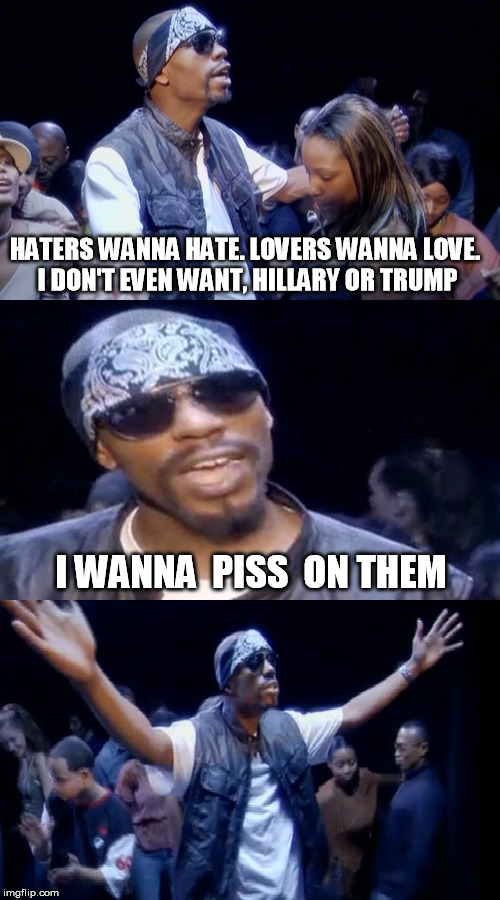 R-Kelly would approve | HATERS WANNA HATE. LOVERS WANNA LOVE. I DON'T EVEN WANT, HILLARY OR TRUMP; I WANNA  PISS  ON THEM | image tagged in dave chappelle,bad joke,bad pun | made w/ Imgflip meme maker