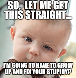 Skeptical Baby Meme | SO,  LET ME GET THIS STRAIGHT... I'M GOING TO HAVE TO GROW UP AND FIX YOUR STUPIDY? | image tagged in memes,skeptical baby | made w/ Imgflip meme maker
