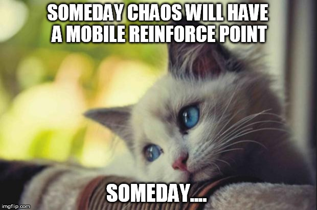 Sad cat | SOMEDAY CHAOS WILL HAVE A MOBILE REINFORCE POINT; SOMEDAY.... | image tagged in sad cat | made w/ Imgflip meme maker