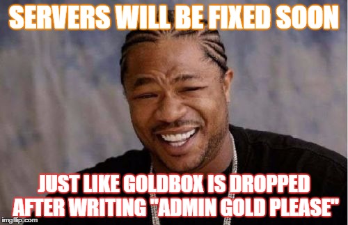 Yo Dawg Heard You | SERVERS WILL BE FIXED SOON; JUST LIKE GOLDBOX IS DROPPED AFTER WRITING "ADMIN GOLD PLEASE" | image tagged in memes,yo dawg heard you | made w/ Imgflip meme maker