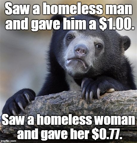 Feminism. Am I doing it right? | Saw a homeless man and gave him a $1.00. Saw a homeless woman and gave her $0.77. | image tagged in memes,confession bear | made w/ Imgflip meme maker