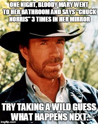 Chuck Norris Meme | ONE NIGHT, BLOODY MARY WENT TO HER BATHROOM AND SAYS "CHUCK NORRIS" 3 TIMES IN HER MIRROR; TRY TAKING A WILD GUESS WHAT HAPPENS NEXT. | image tagged in chuck norris | made w/ Imgflip meme maker