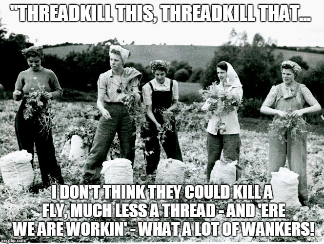 "THREADKILL THIS, THREADKILL THAT... I DON'T THINK THEY COULD KILL A FLY, MUCH LESS A THREAD - AND 'ERE WE ARE WORKIN' - WHAT A LOT OF WANKERS! | made w/ Imgflip meme maker