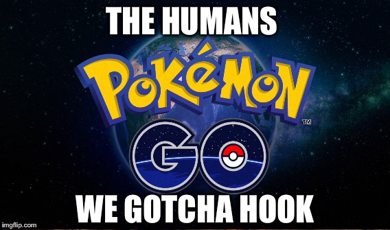 Pokemon go | THE HUMANS; WE GOTCHA HOOK | image tagged in pokemon go | made w/ Imgflip meme maker