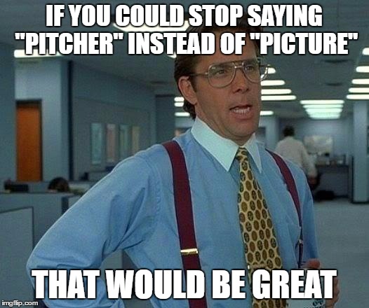 Bob Ross says it, I think it's adorable. My co-worker says it, I fly into a homicidal rage. Go figure! | IF YOU COULD STOP SAYING "PITCHER" INSTEAD OF "PICTURE"; THAT WOULD BE GREAT | image tagged in memes,that would be great | made w/ Imgflip meme maker