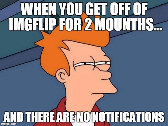 Futurama Fry | WHEN YOU GET OFF OF IMGFLIP FOR 2 MOUNTHS... AND THERE ARE NO NOTIFICATIONS | image tagged in memes,futurama fry | made w/ Imgflip meme maker