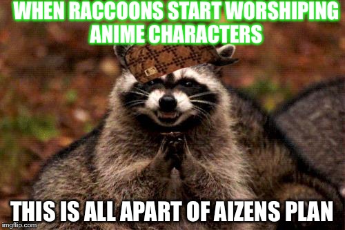 Evil Plotting Raccoon Meme | WHEN RACCOONS START WORSHIPING ANIME CHARACTERS; THIS IS ALL APART OF AIZENS PLAN | image tagged in memes,evil plotting raccoon,scumbag | made w/ Imgflip meme maker