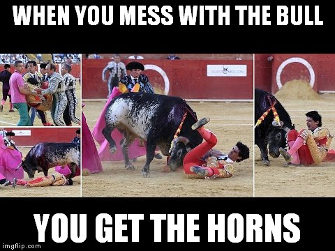 When you mess with the bull you get the horns | WHEN YOU MESS WITH THE BULL; YOU GET THE HORNS | image tagged in bullfighting,bulls,bull,bullfighter,matador,karma | made w/ Imgflip meme maker