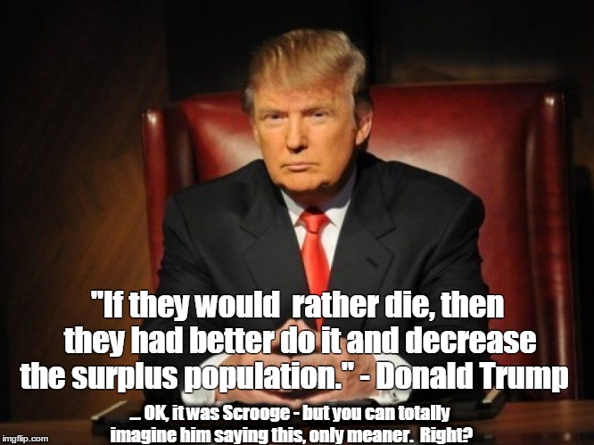 I am not saying Hillary is a better choice, but... |  "If they would  rather die, then they had better do it and decrease the surplus population." - Donald Trump; ... OK, it was Scrooge - but you can totally imagine him saying this, only meaner.  Right? | image tagged in donald trump,scrooge,twinsies,cold hearted,imperial,bigot | made w/ Imgflip meme maker