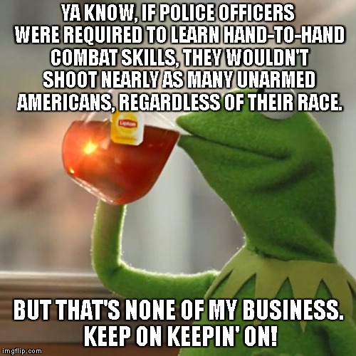 But That's None Of My Business Meme | YA KNOW, IF POLICE OFFICERS WERE REQUIRED TO LEARN HAND-TO-HAND COMBAT SKILLS, THEY WOULDN'T SHOOT NEARLY AS MANY UNARMED AMERICANS, REGARDLESS OF THEIR RACE. BUT THAT'S NONE OF MY BUSINESS. KEEP ON KEEPIN' ON! | image tagged in memes,but thats none of my business,kermit the frog | made w/ Imgflip meme maker