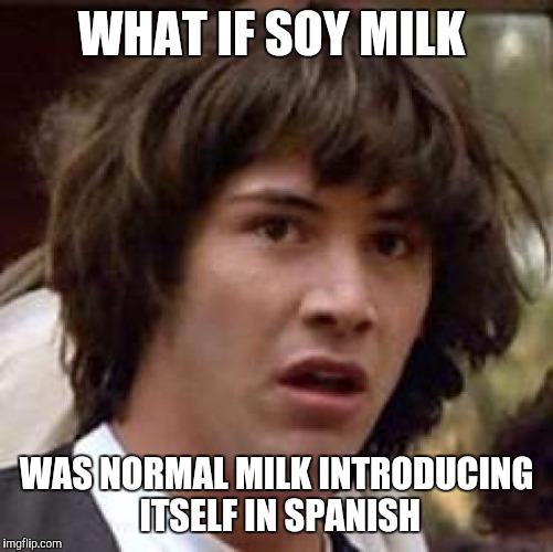 Conspiracy Keanu Meme | WHAT IF SOY MILK; WAS NORMAL MILK INTRODUCING ITSELF IN SPANISH | image tagged in memes,conspiracy keanu | made w/ Imgflip meme maker