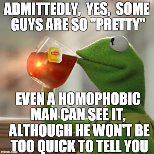 But That's None Of My Business Meme | ADMITTEDLY,  YES,  SOME GUYS ARE SO "PRETTY" EVEN A HOMOPHOBIC MAN CAN SEE IT,  ALTHOUGH HE WON'T BE TOO QUICK TO TELL YOU | image tagged in memes,but thats none of my business,kermit the frog | made w/ Imgflip meme maker