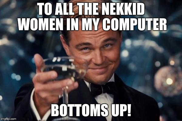 Leonardo Dicaprio Cheers Meme | TO ALL THE NEKKID WOMEN IN MY COMPUTER; BOTTOMS UP! | image tagged in memes,leonardo dicaprio cheers | made w/ Imgflip meme maker