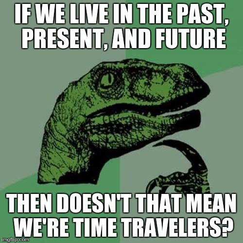 Philosoraptor | IF WE LIVE IN THE PAST, PRESENT, AND FUTURE; THEN DOESN'T THAT MEAN WE'RE TIME TRAVELERS? | image tagged in memes,philosoraptor | made w/ Imgflip meme maker