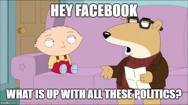 Questioning Vinny | HEY FACEBOOK; WHAT IS UP WITH ALL THESE
POLITICS? | image tagged in questioning vinny | made w/ Imgflip meme maker