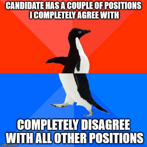 Seriously, who the fuck do I vote for | CANDIDATE HAS A COUPLE OF POSITIONS I COMPLETELY AGREE WITH; COMPLETELY DISAGREE WITH ALL OTHER POSITIONS | image tagged in memes,socially awesome awkward penguin,candidates,wtf | made w/ Imgflip meme maker
