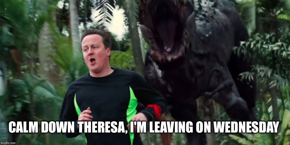 CALM DOWN THERESA, I'M LEAVING ON WEDNESDAY | image tagged in politics,david cameron,quitting | made w/ Imgflip meme maker