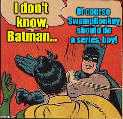 Batman Slapping Robin Meme | I don't know, Batman... Of course SwampDonkey should do a series, boy! | image tagged in memes,batman slapping robin | made w/ Imgflip meme maker